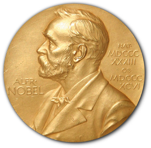 A golden medallion with an embossed image of Alfred Nobel