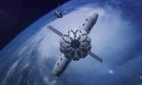 A spaceship approaching a space station in space.